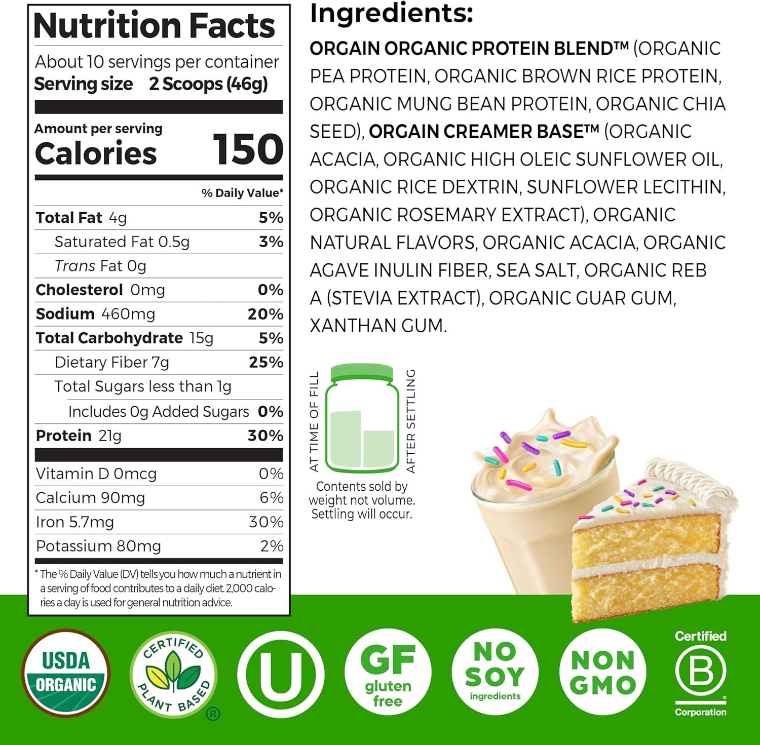 image:imageOrgain Organic Vegan Protein Powder Strawberries amp Cream 21g Plant Based Protein 4g Prebiotic Fiber Low Net Carb No Lactose Ingredients No Added Sugar NonGMO For Shakes amp Smoothies 203 lbBirthday Cake