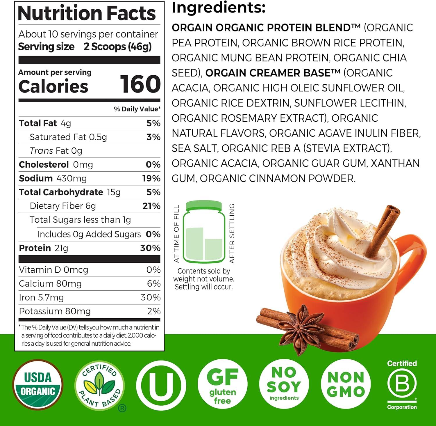 image:imageOrgain Organic Vegan Protein Powder Strawberries amp Cream 21g Plant Based Protein 4g Prebiotic Fiber Low Net Carb No Lactose Ingredients No Added Sugar NonGMO For Shakes amp Smoothies 203 lbPumpkin Spice