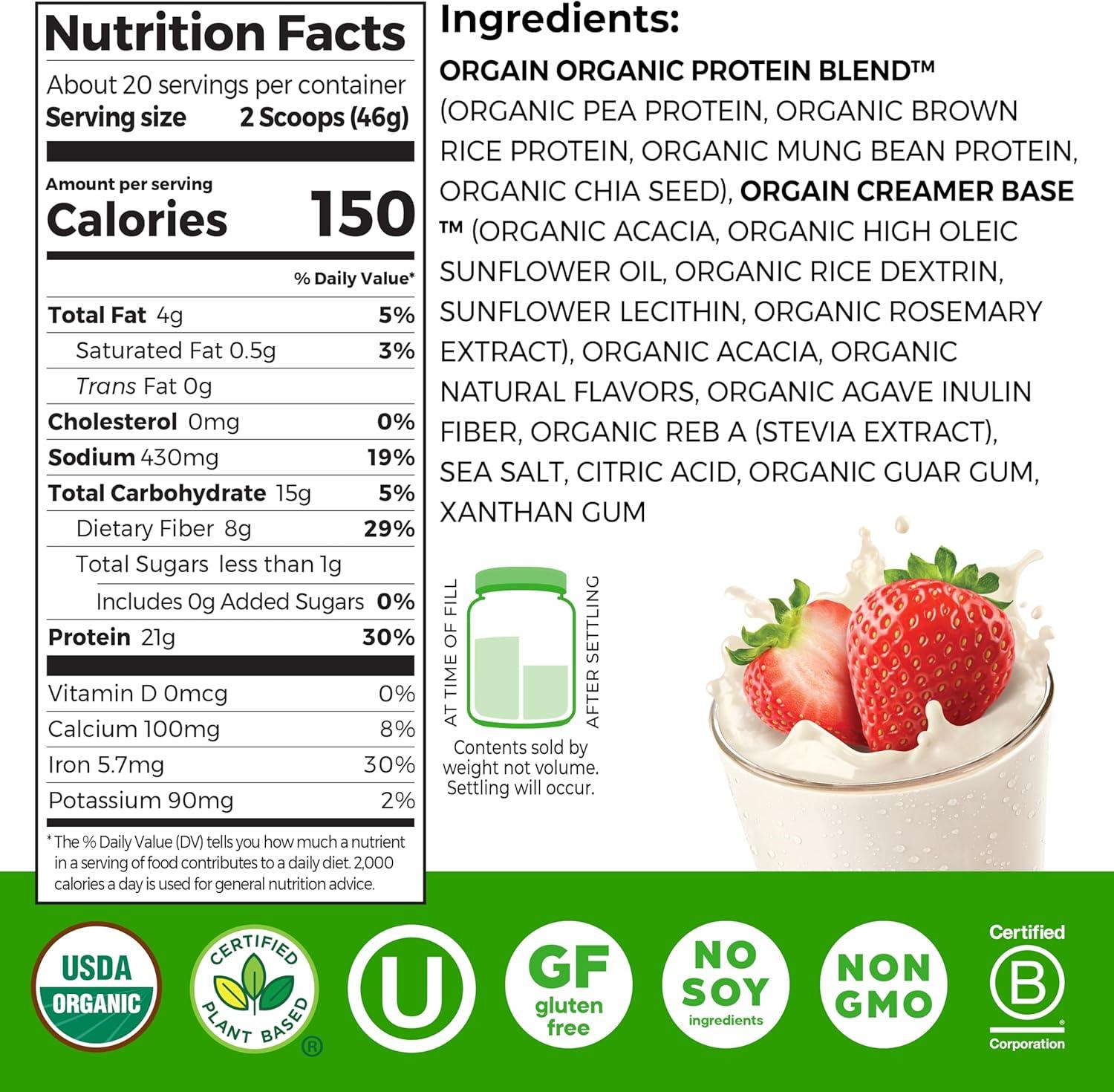 image:imageOrgain Organic Vegan Protein Powder Strawberries amp Cream 21g Plant Based Protein 4g Prebiotic Fiber Low Net Carb No Lactose Ingredients No Added Sugar NonGMO For Shakes amp Smoothies 203 lbStrawberries Cream