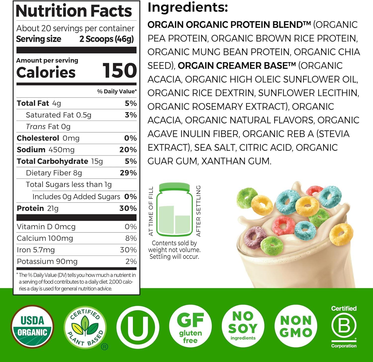 image:imageOrgain Organic Vegan Protein Powder Strawberries amp Cream 21g Plant Based Protein 4g Prebiotic Fiber Low Net Carb No Lactose Ingredients No Added Sugar NonGMO For Shakes amp Smoothies 203 lbFruity Cereal