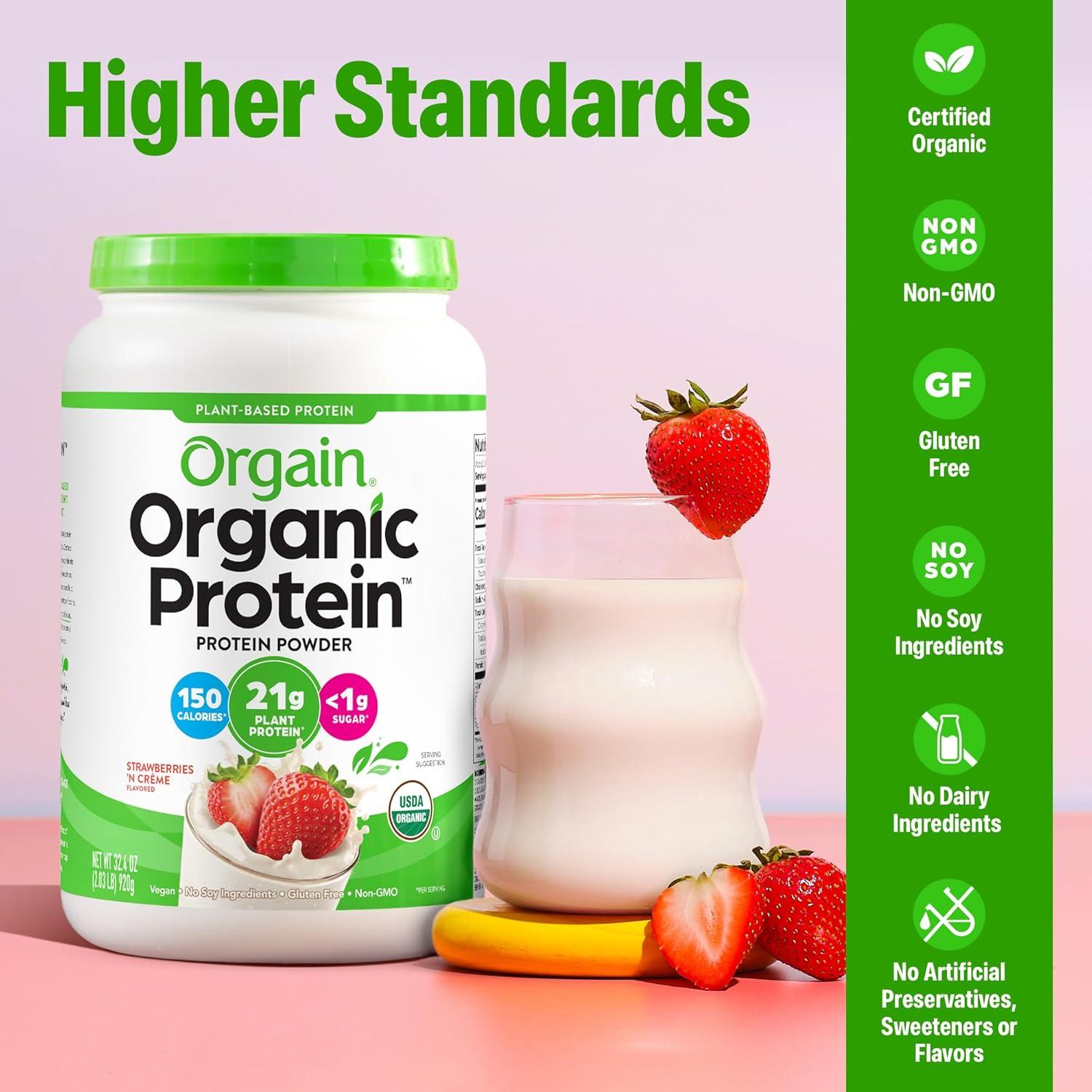 image:imageOrgain Organic Vegan Protein Powder Strawberries amp Cream 21g Plant Based Protein 4g Prebiotic Fiber Low Net Carb No Lactose Ingredients No Added Sugar NonGMO For Shakes amp Smoothies 203 lbStrawberries Cream