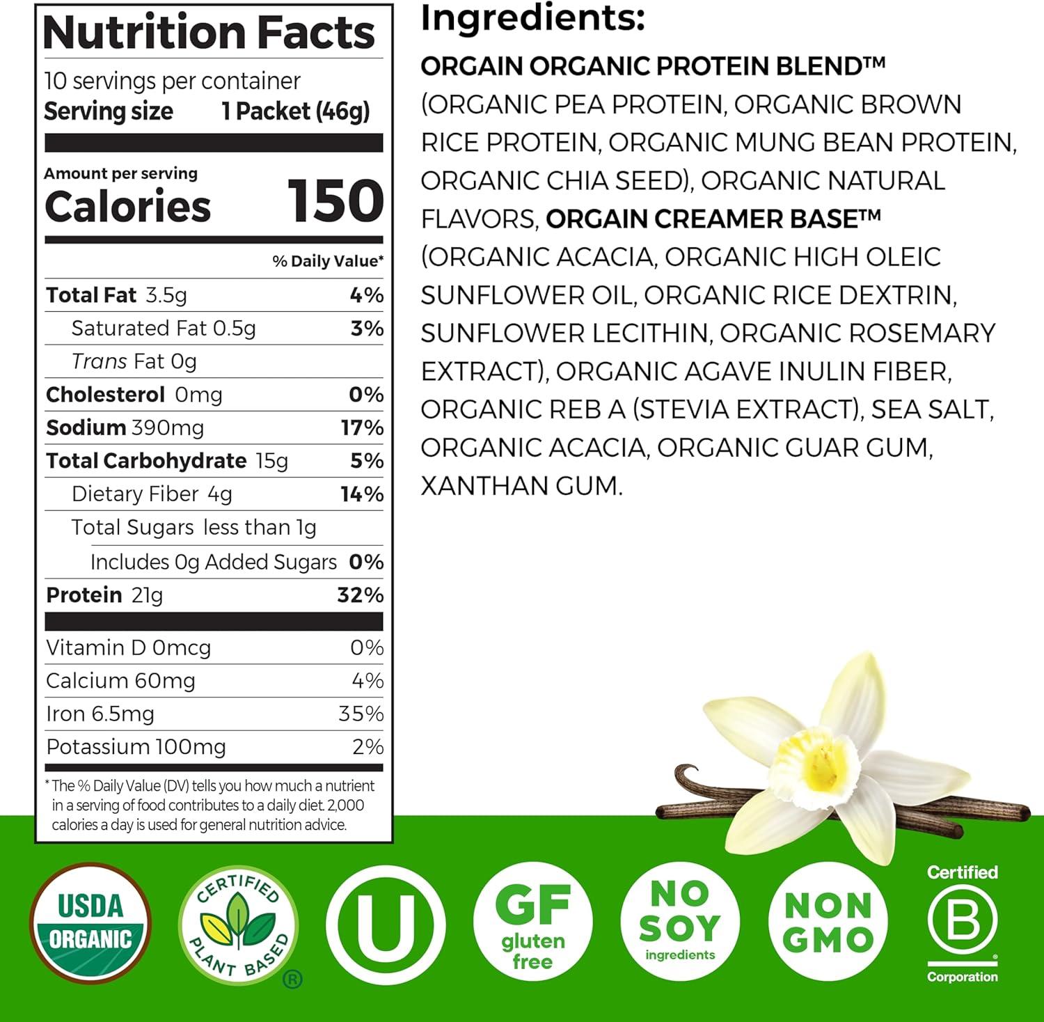 image:imageOrgain Organic Vegan Protein Powder Strawberries amp Cream 21g Plant Based Protein 4g Prebiotic Fiber Low Net Carb No Lactose Ingredients No Added Sugar NonGMO For Shakes amp Smoothies 203 lbVanilla Bean
