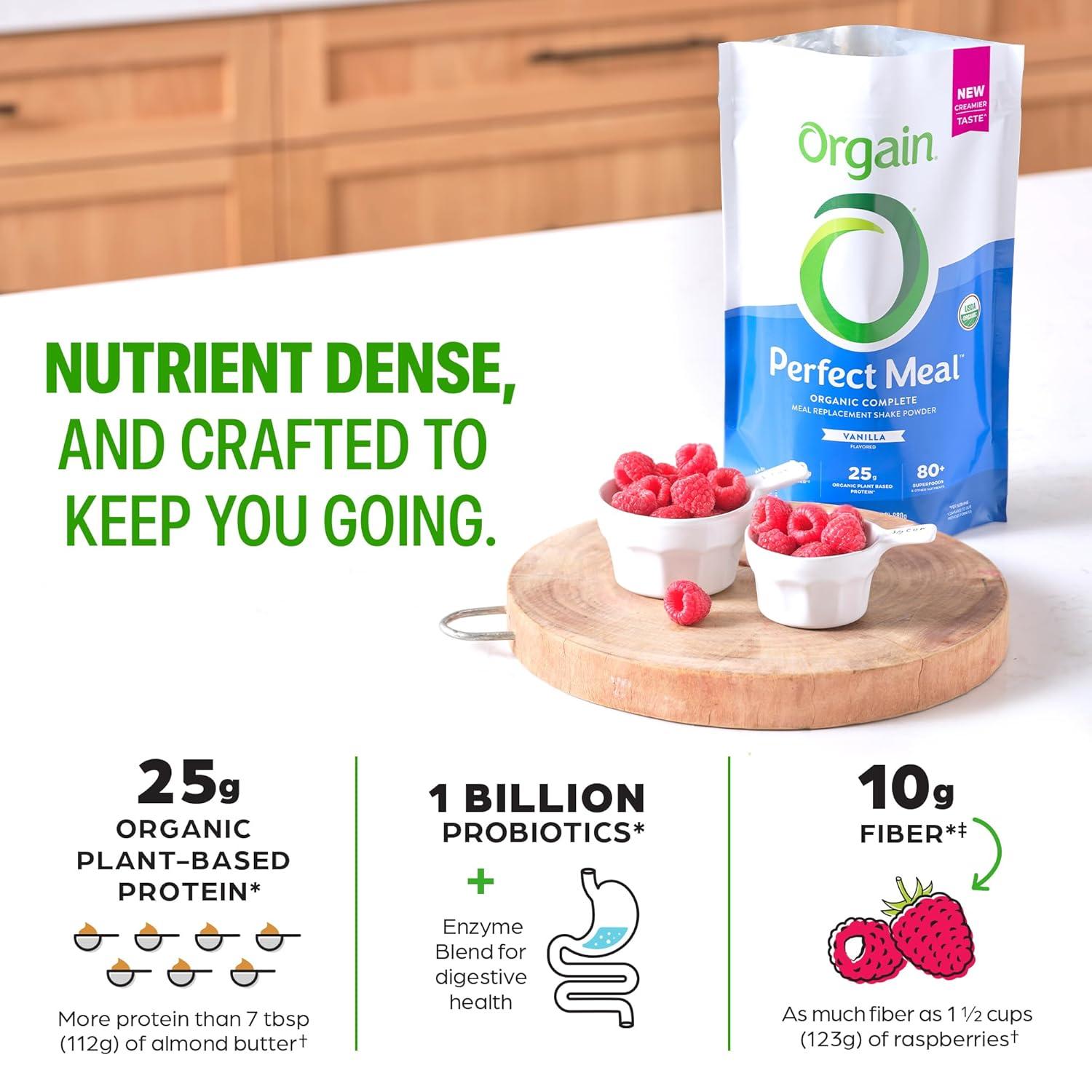 image:imageOrgain Perfect Meal Organic Vegan Meal Replacement Protein Powder Chocolate 25g Plant Based Protein 80 Superfoods 1B Probiotics amp 10g Fiber Adaptogens amp Ashwagandha 216lbVanilla