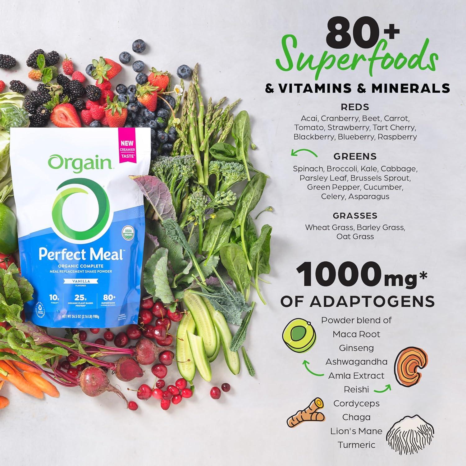 image:imageOrgain Perfect Meal Organic Vegan Meal Replacement Protein Powder Chocolate 25g Plant Based Protein 80 Superfoods 1B Probiotics amp 10g Fiber Adaptogens amp Ashwagandha 216lbVanilla