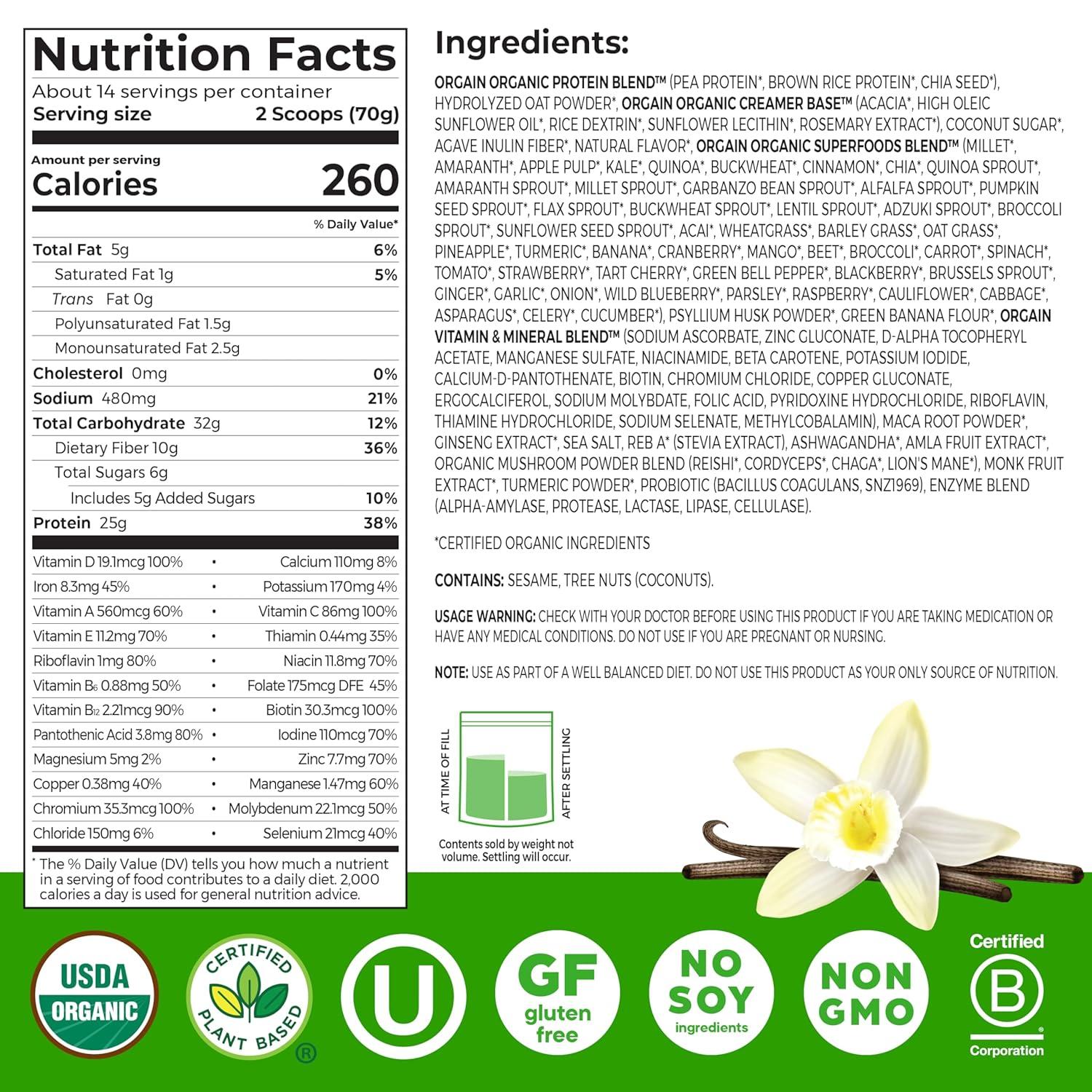 image:imageOrgain Perfect Meal Organic Vegan Meal Replacement Protein Powder Chocolate 25g Plant Based Protein 80 Superfoods 1B Probiotics amp 10g Fiber Adaptogens amp Ashwagandha 216lbVanilla