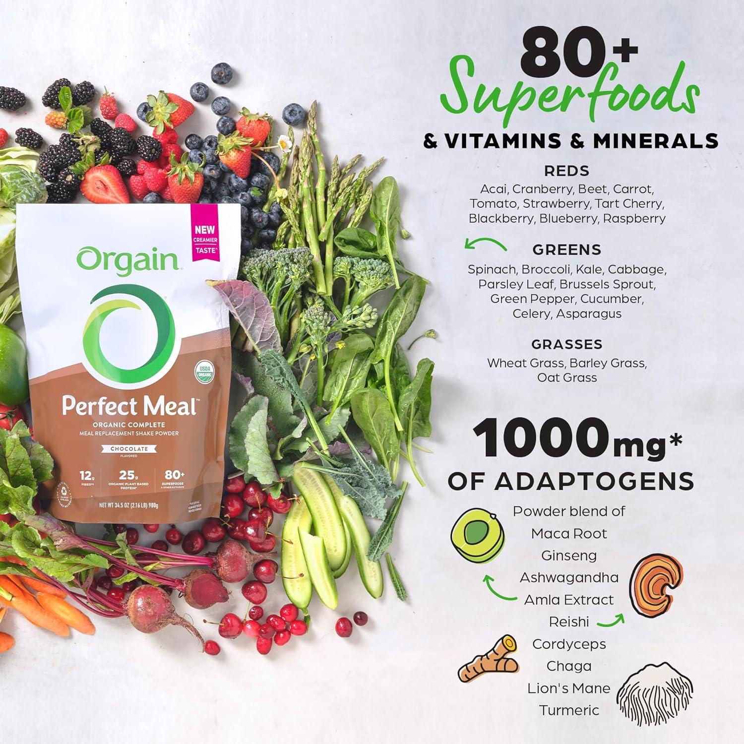 image:imageOrgain Perfect Meal Organic Vegan Meal Replacement Protein Powder Chocolate 25g Plant Based Protein 80 Superfoods 1B Probiotics amp 10g Fiber Adaptogens amp Ashwagandha 216lbChocolate