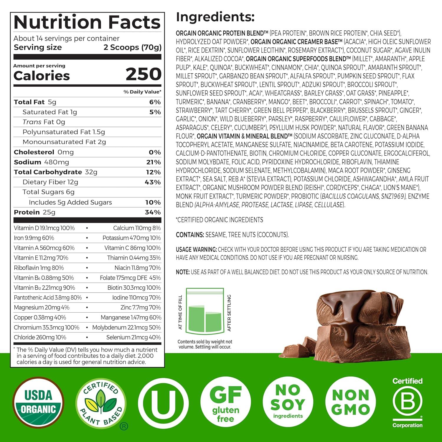 image:imageOrgain Perfect Meal Organic Vegan Meal Replacement Protein Powder Chocolate 25g Plant Based Protein 80 Superfoods 1B Probiotics amp 10g Fiber Adaptogens amp Ashwagandha 216lbChocolate