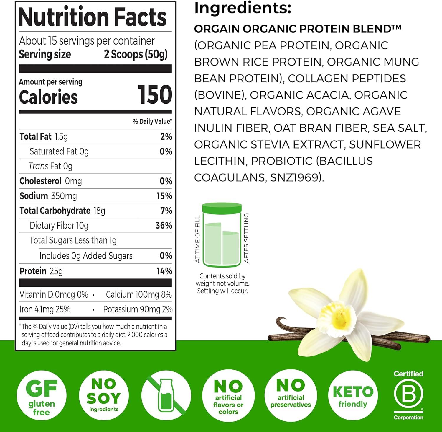 image:imageOrgain Protein Powder Collagen Vanilla Bean 25g of Protein 10g Collagen Peptides Type I amp III 1B CFU Probiotics Supports Hair Skin Nail Joint amp Gut Health Gluten Free 16lbVanilla Bean