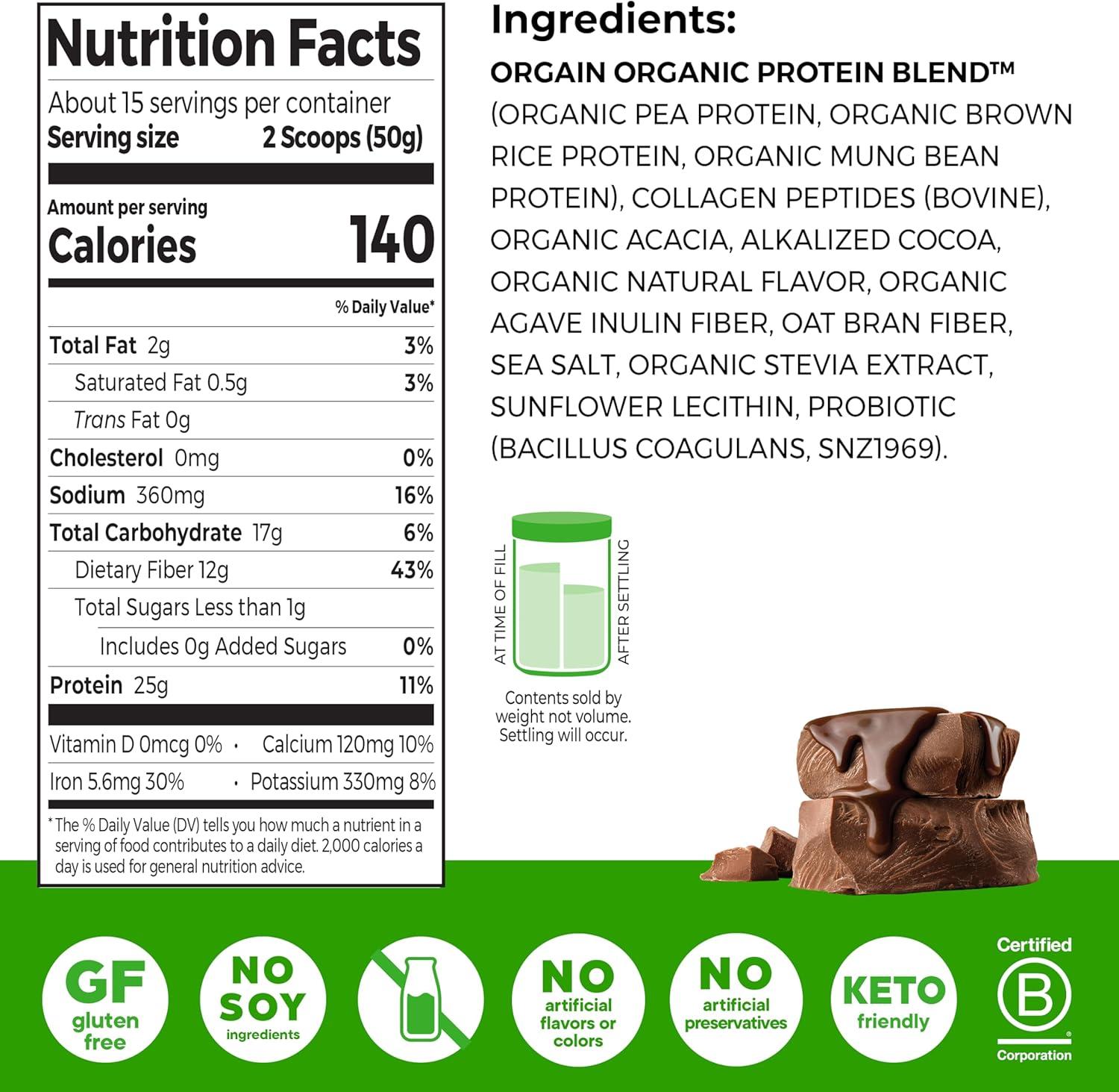 image:imageOrgain Protein Powder Collagen Vanilla Bean 25g of Protein 10g Collagen Peptides Type I amp III 1B CFU Probiotics Supports Hair Skin Nail Joint amp Gut Health Gluten Free 16lbCreamy Chocolate Fudge