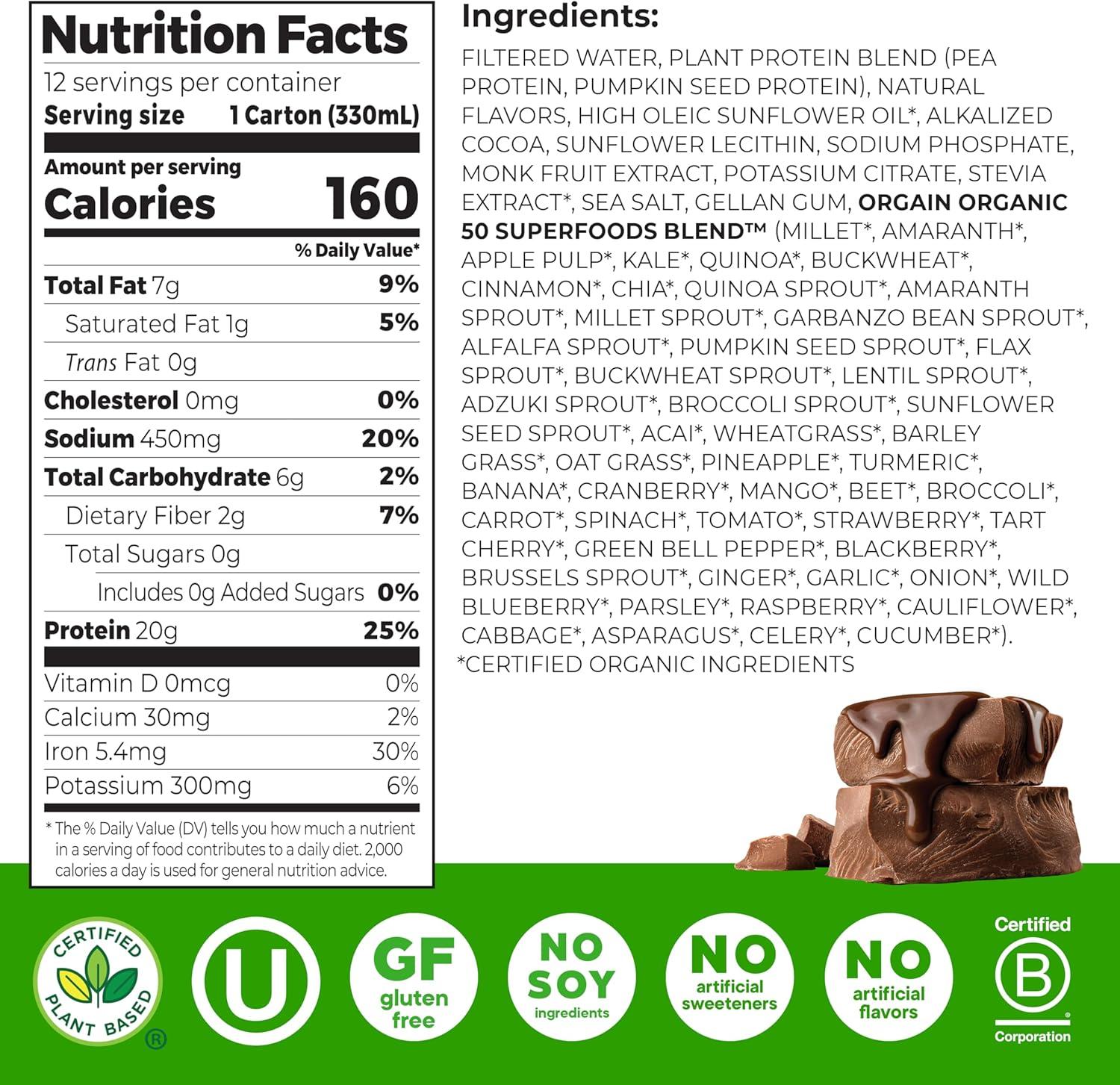 image:imageOrgain Vegan Protein Shake Creamy Chocolate 20g Plant Protein Ready to Drink 50 Superfoods 0g Sugar Gluten Free No Artificial Sweeteners No Soy or Dairy Ingredients 11 Fl Oz Pack of 12