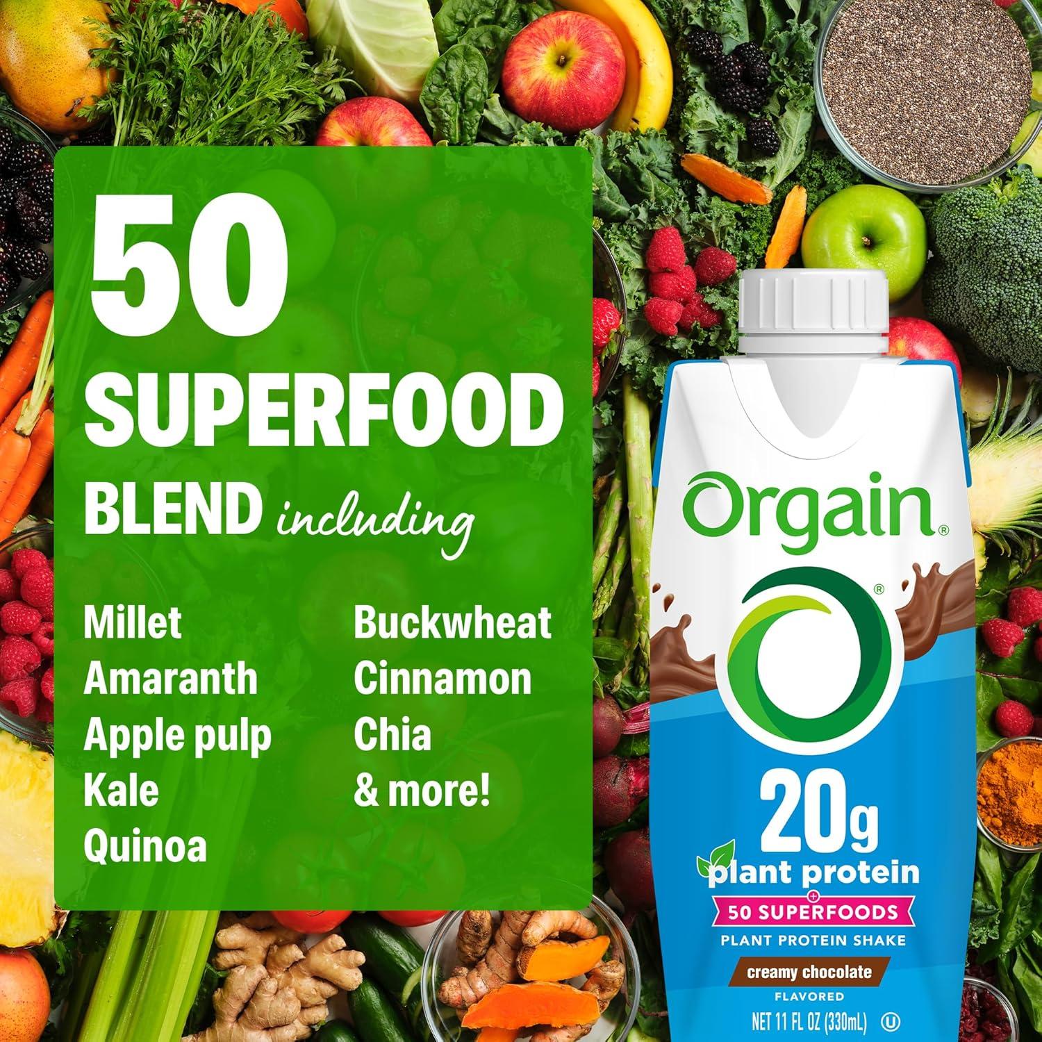 image:imageOrgain Vegan Protein Shake Creamy Chocolate 20g Plant Protein Ready to Drink 50 Superfoods 0g Sugar Gluten Free No Artificial Sweeteners No Soy or Dairy Ingredients 11 Fl Oz Pack of 12