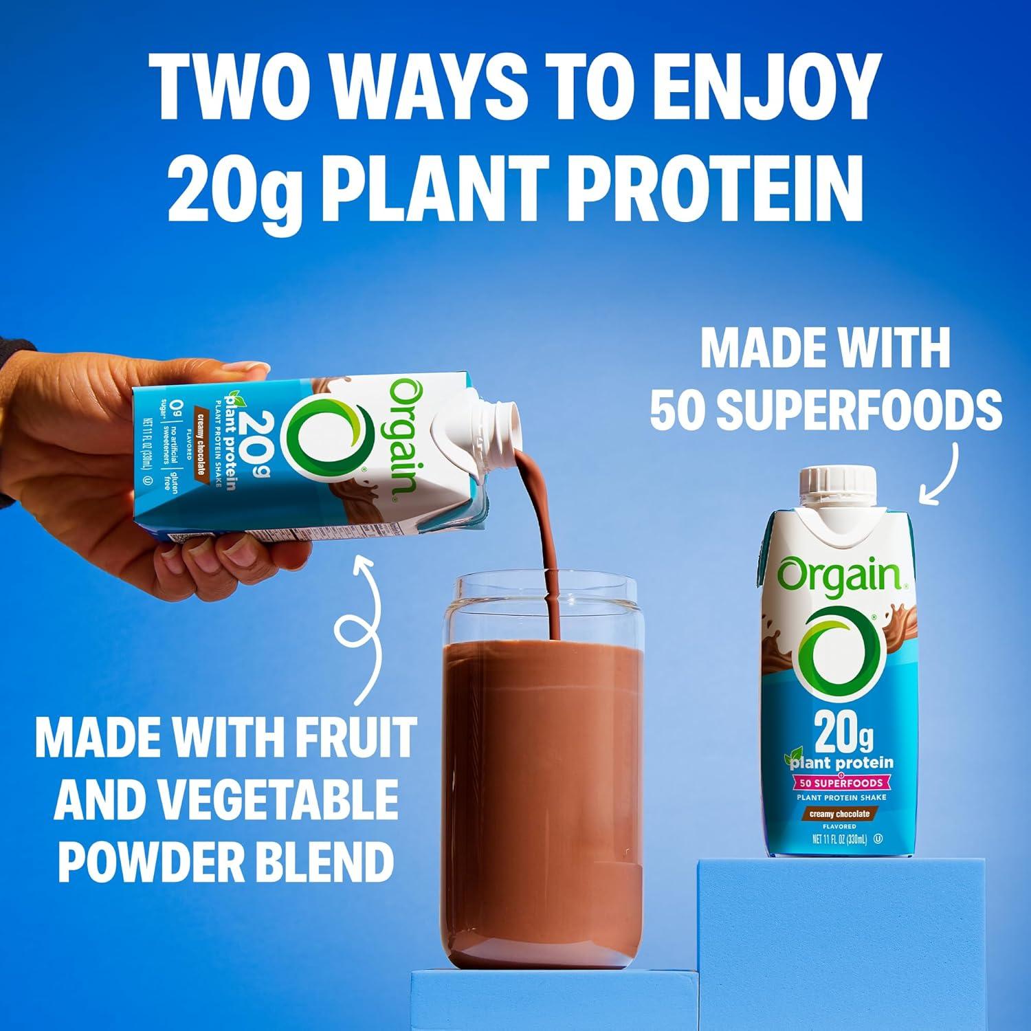 image:imageOrgain Vegan Protein Shake Creamy Chocolate 20g Plant Protein Ready to Drink 50 Superfoods 0g Sugar Gluten Free No Artificial Sweeteners No Soy or Dairy Ingredients 11 Fl Oz Pack of 12