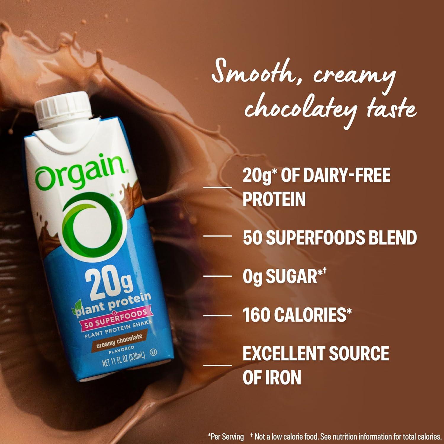 image:imageOrgain Vegan Protein Shake Creamy Chocolate 20g Plant Protein Ready to Drink 50 Superfoods 0g Sugar Gluten Free No Artificial Sweeteners No Soy or Dairy Ingredients 11 Fl Oz Pack of 12