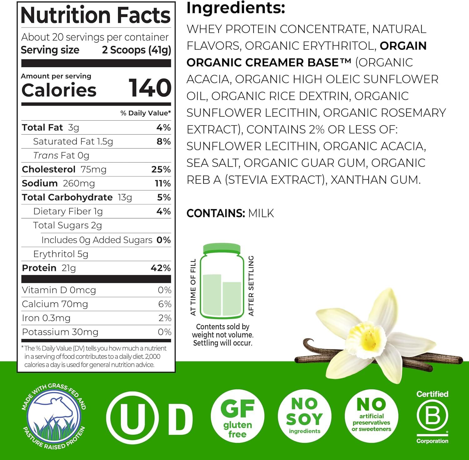 image:imageOrgain Whey Protein Powder Creamy Chocolate Fudge 21g Grass Fed Dairy Protein 5g BCAAs 4g Prebiotic Fiber 2g Sugar No Added Hormones Gluten Free Kosher For Shakes amp Smoothies 182lbVanilla Bean