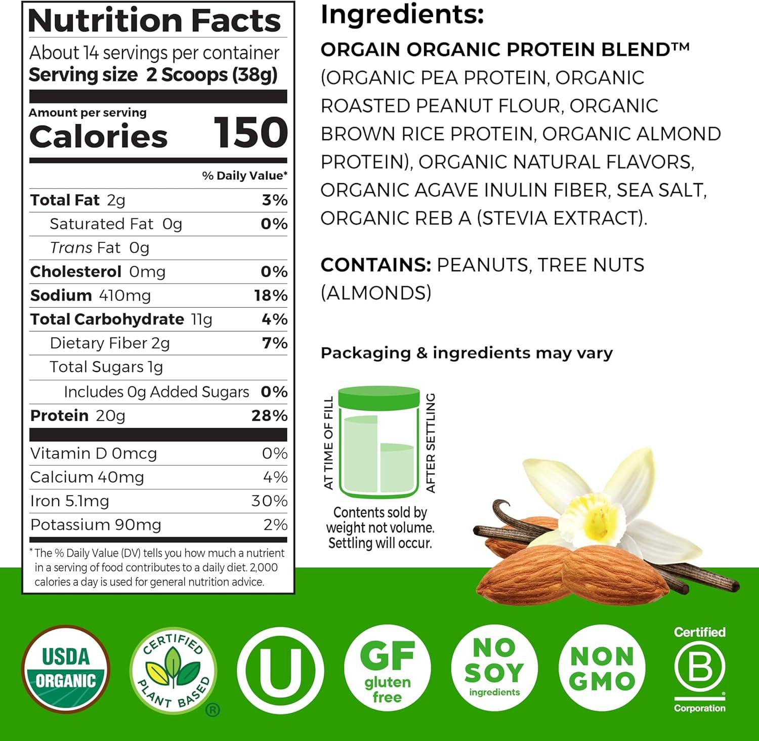 image:imageOrgain X Justins Organic Vegan Nut Butter Protein Powder Peanut Butter 20g Plant Protein 2g Sugar Gluten Free No Dairy Soy Ingredients or Artificial Flavors 117 lbVanilla Almond Butter