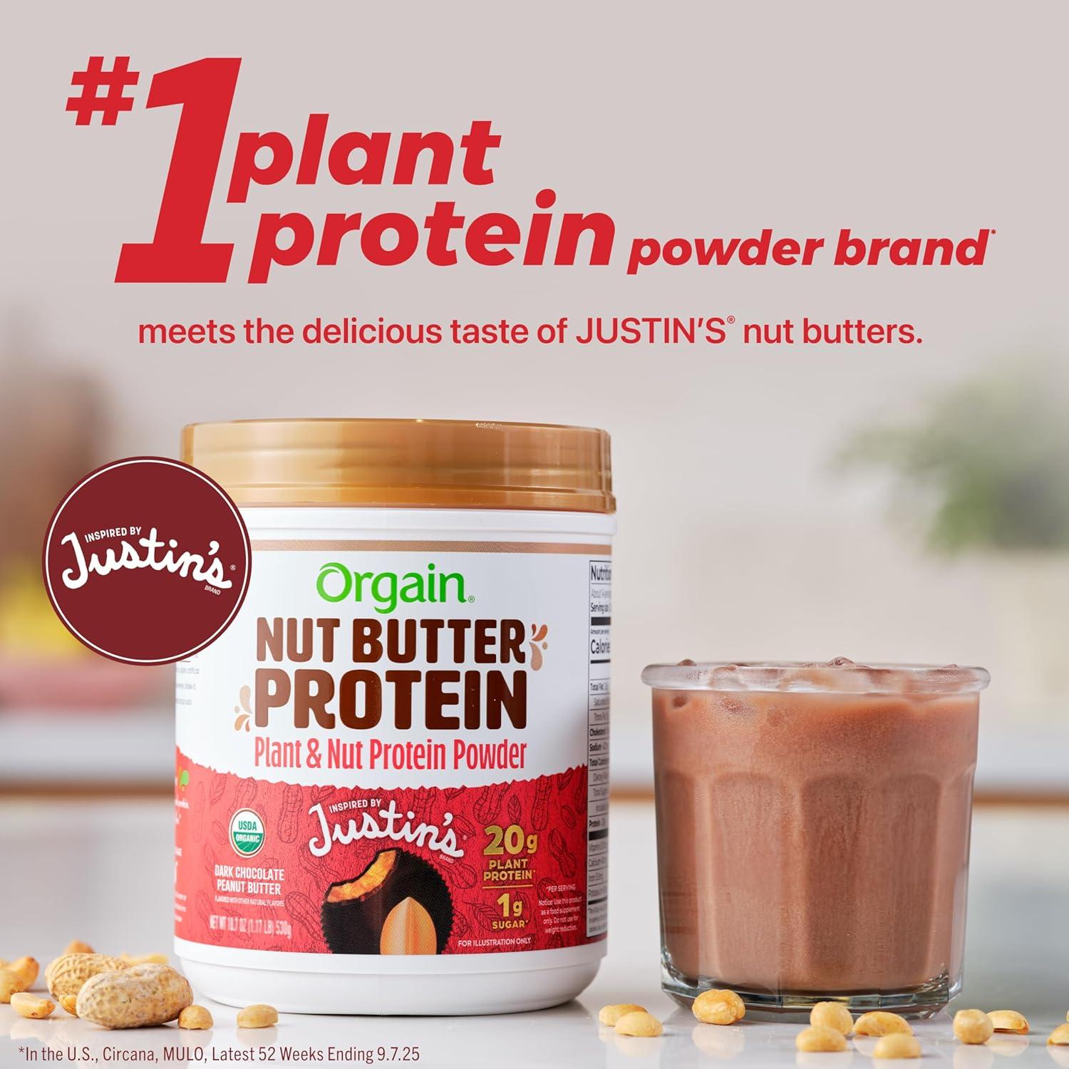 image:imageOrgain X Justins Organic Vegan Nut Butter Protein Powder Peanut Butter 20g Plant Protein 2g Sugar Gluten Free No Dairy Soy Ingredients or Artificial Flavors 117 lbDark Chocolate Peanut Butter
