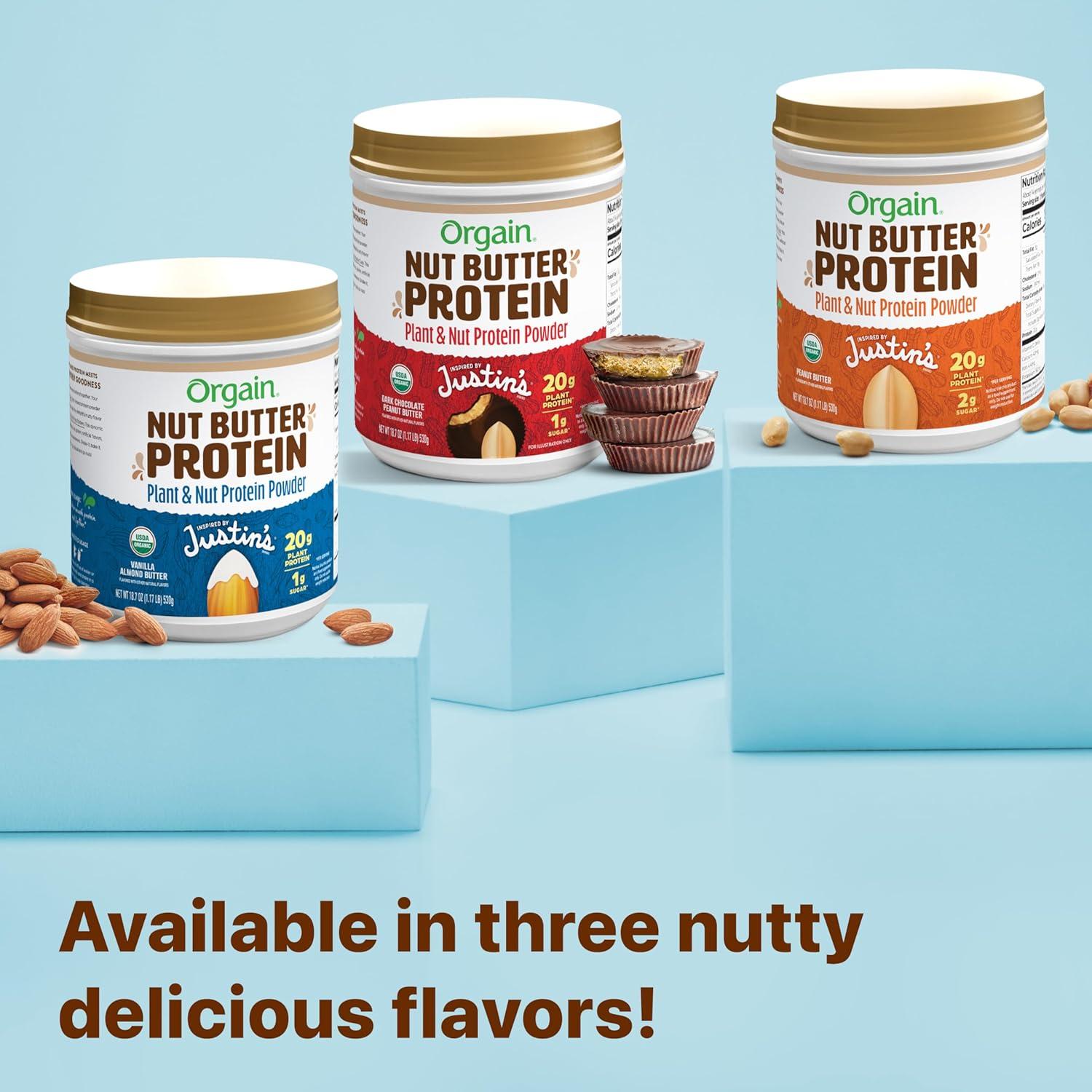 image:imageOrgain X Justins Organic Vegan Nut Butter Protein Powder Peanut Butter 20g Plant Protein 2g Sugar Gluten Free No Dairy Soy Ingredients or Artificial Flavors 117 lbDark Chocolate Peanut Butter