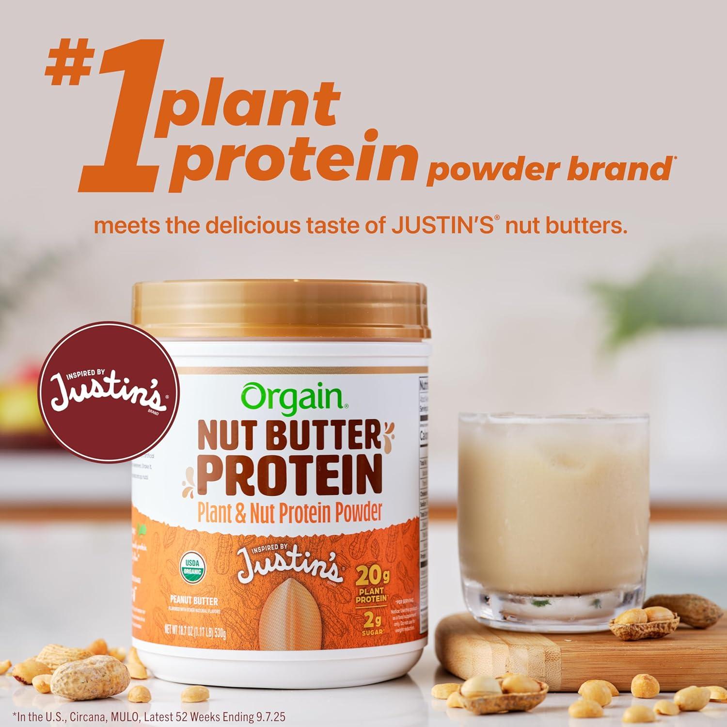 image:imageOrgain X Justins Organic Vegan Nut Butter Protein Powder Peanut Butter 20g Plant Protein 2g Sugar Gluten Free No Dairy Soy Ingredients or Artificial Flavors 117 lbPeanut Butter