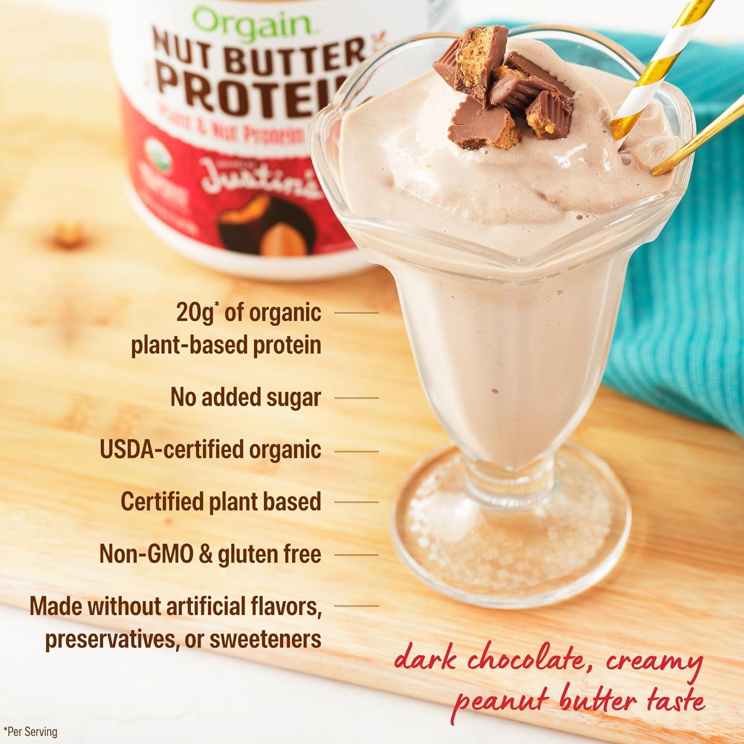 image:imageOrgain X Justins Organic Vegan Nut Butter Protein Powder Peanut Butter 20g Plant Protein 2g Sugar Gluten Free No Dairy Soy Ingredients or Artificial Flavors 117 lbDark Chocolate Peanut Butter
