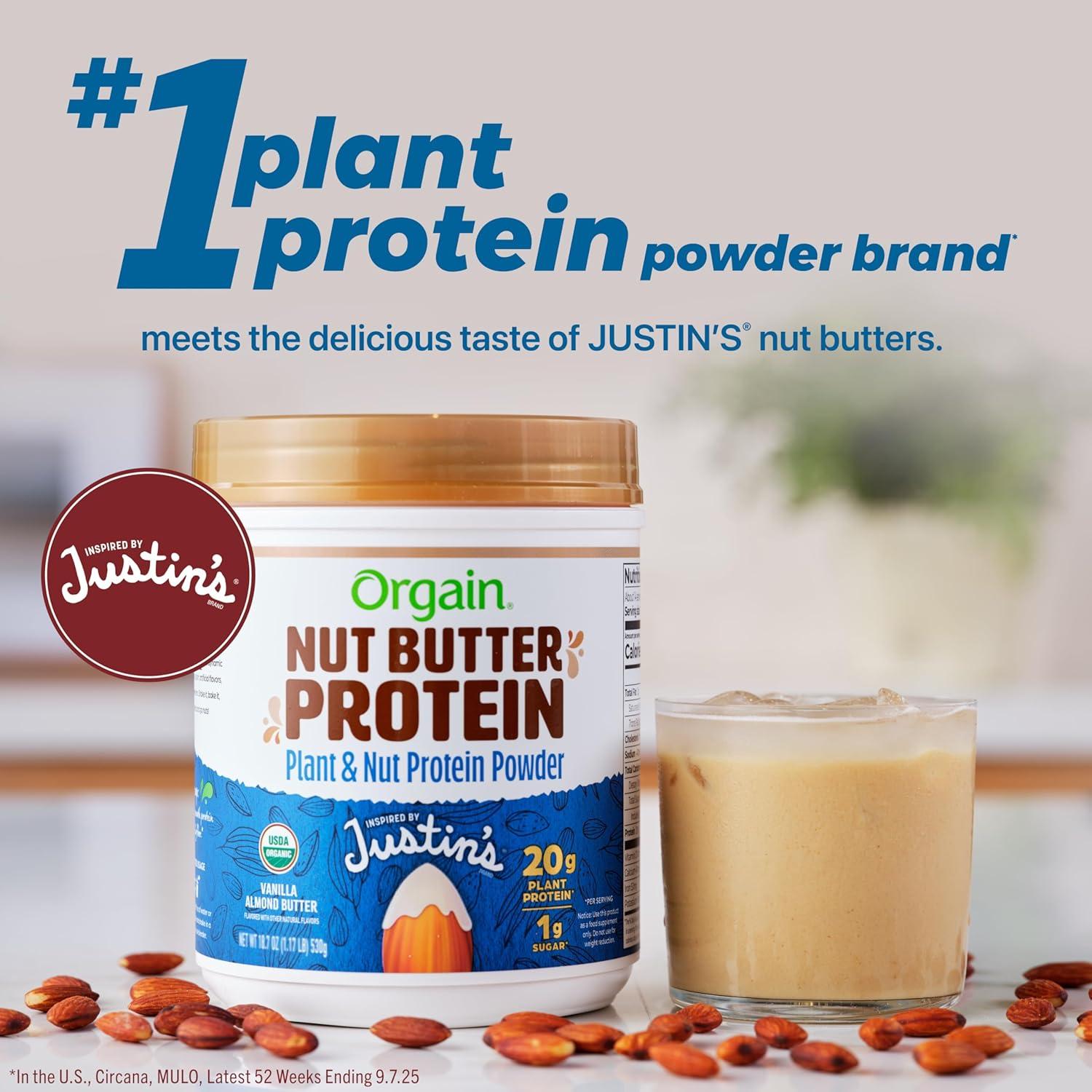 image:imageOrgain X Justins Organic Vegan Nut Butter Protein Powder Peanut Butter 20g Plant Protein 2g Sugar Gluten Free No Dairy Soy Ingredients or Artificial Flavors 117 lbVanilla Almond Butter
