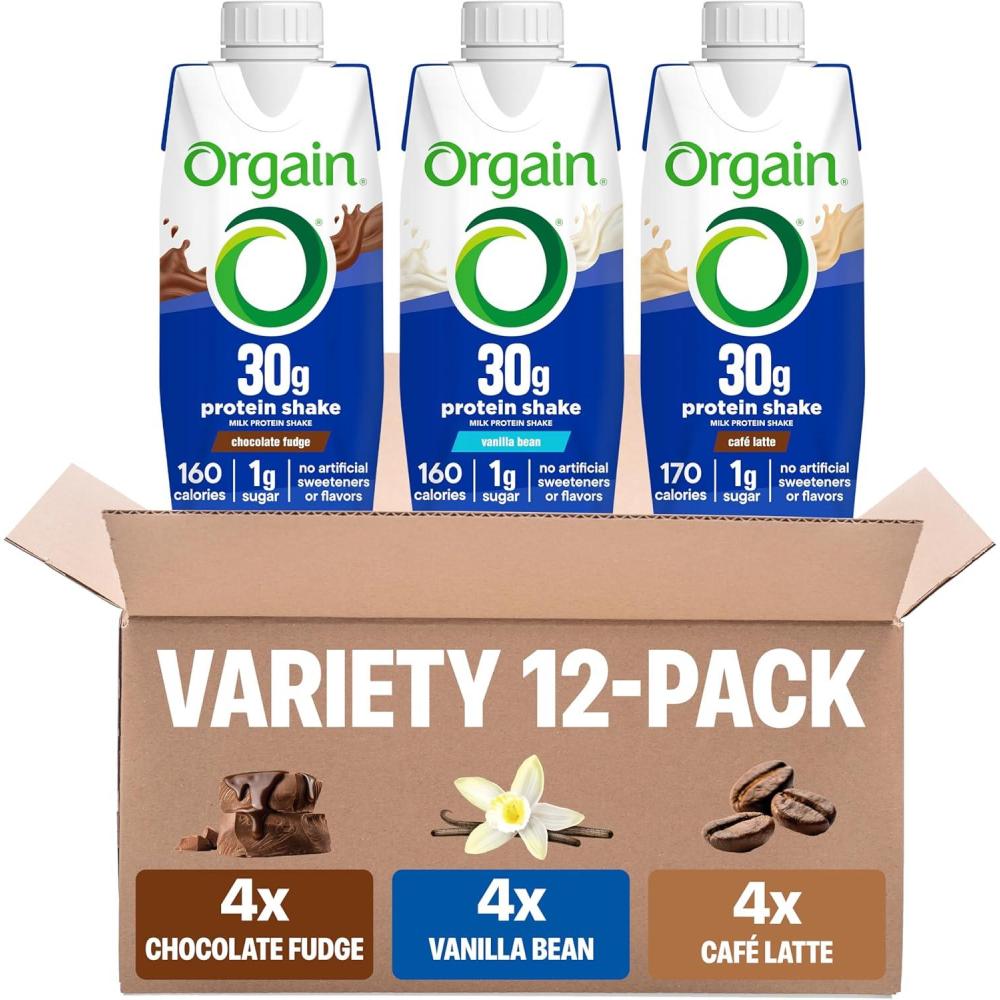 image:imageOrgain 30g High Protein Shake Variety Pack Dairy Isolate Milk Protein 5g BCAAs 1g Sugar Per Serving Caffeine Meal Replacement Ready to Drink Chocolate Vanilla Caf Latte 11 Fl Oz 12 Pack