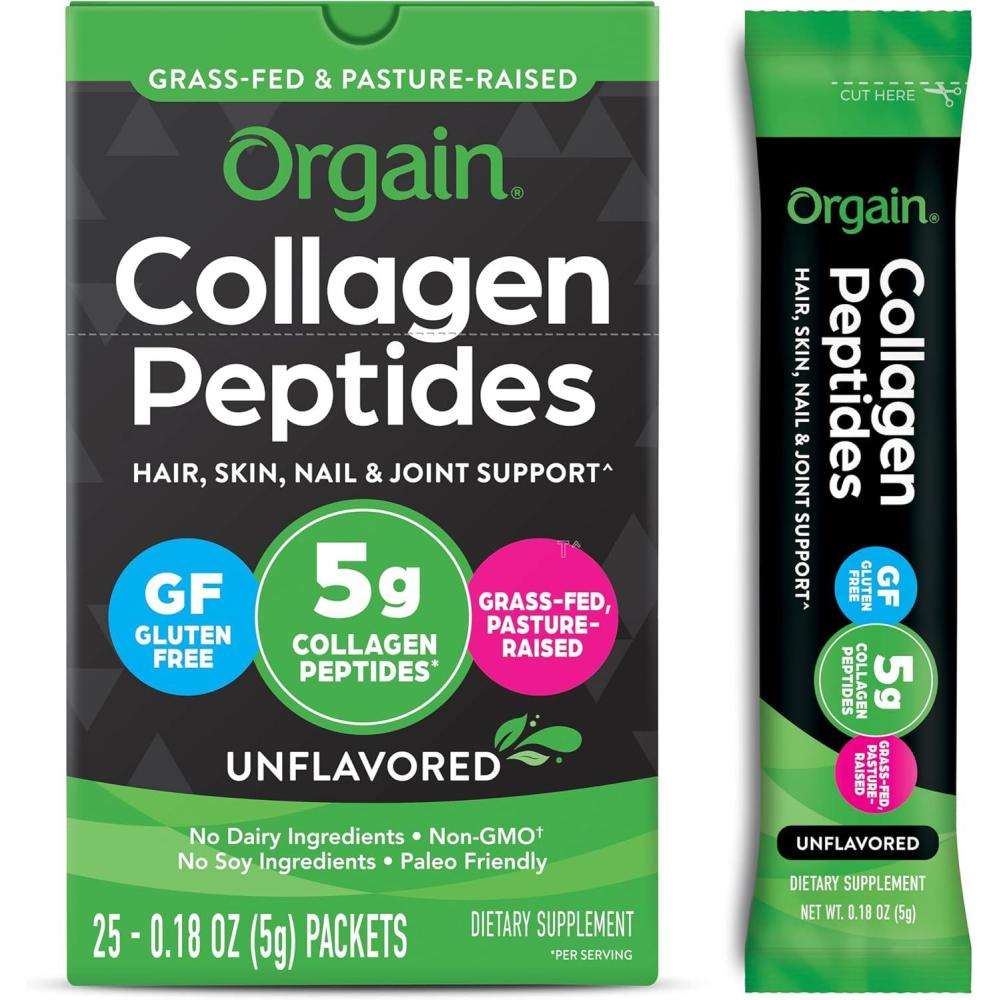 image:imageOrgain Hydrolyzed Collagen Peptides Travel Packets For Women amp Men 5g Grass Fed Collagen Per Serving Hair Skin Nail amp Joint Support Supplement NonGMO Type I amp III Unflavored 25 Count