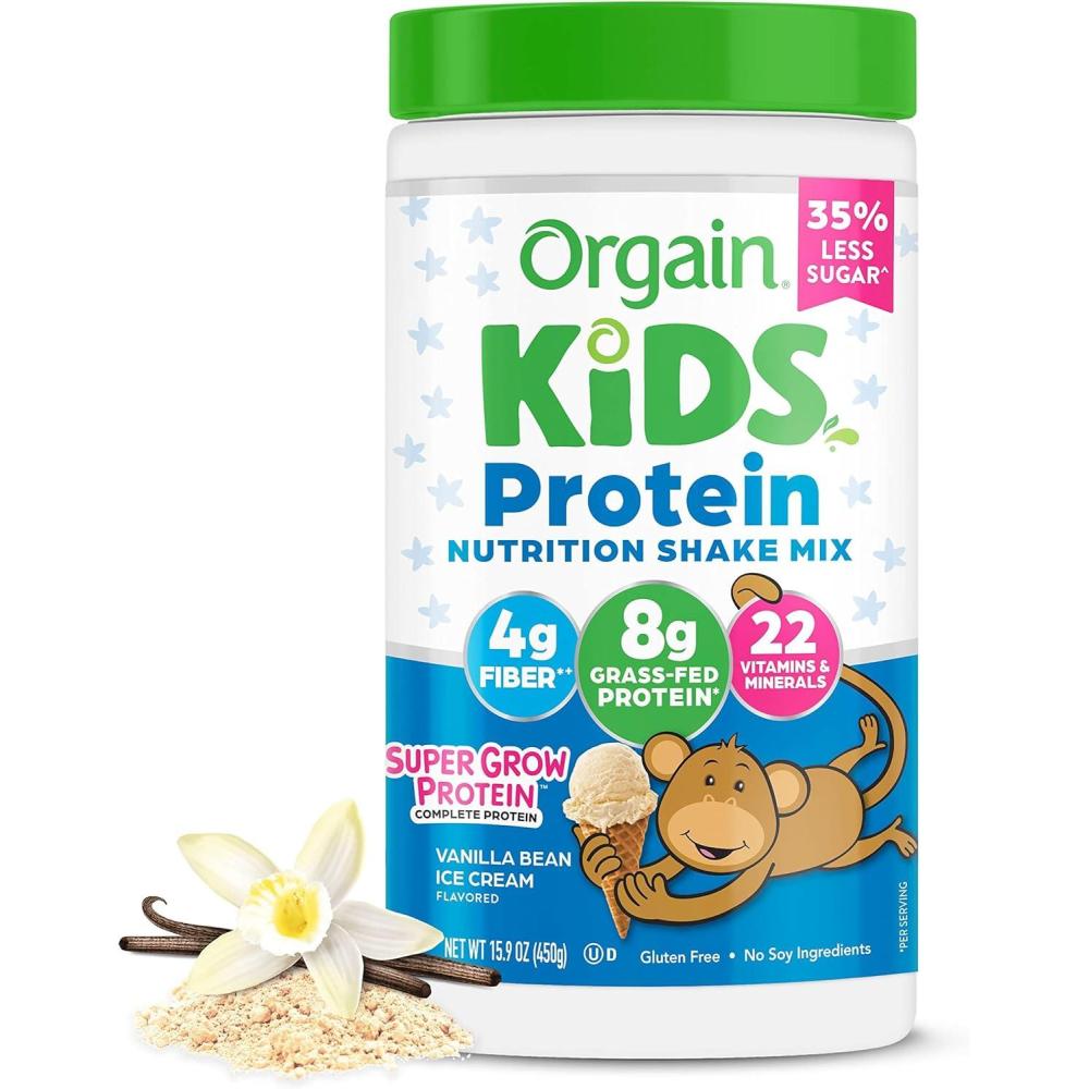 image:imageOrgain Kids Protein Powder Shake Mix Vanilla Bean Ice Cream 8g GrassFed Dairy Protein 4g Fiber 22 Vitamins amp Minerals Gluten Free No Soy Ingredients Adds Healthy Nutrients to Kids Snacks 1lb