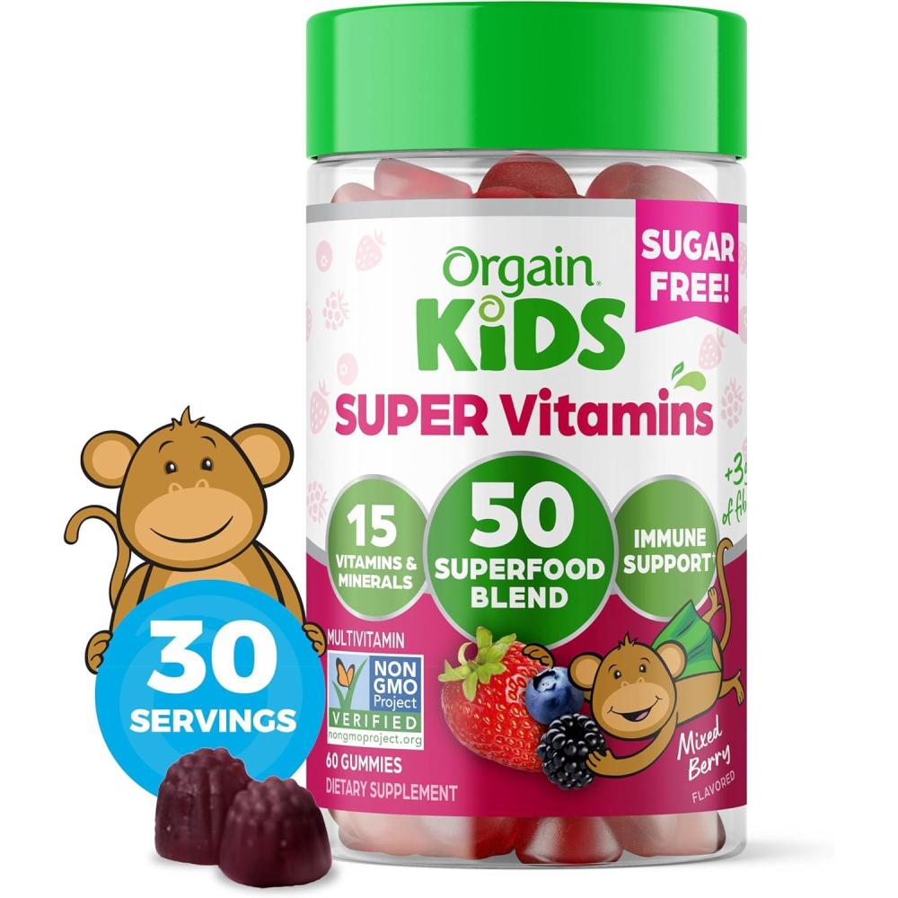 image:imageOrgain Kids Sugar Free Multivitamin Gummies Vegan amp Plant Based 50 Superfoods 15 Vitamins and Minerals Immune Support and 3g of Fiber Mixed Berry Ages 4 1 Month Supply 60 Gummies1 Count Pack of 1