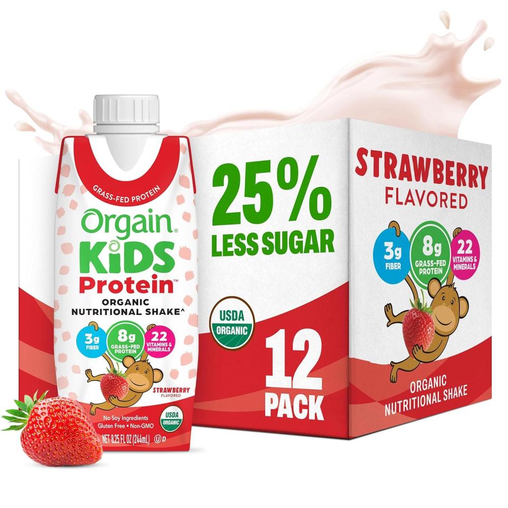 image:imageOrgain Organic Kids Nutritional Protein Shake Chocolate Healthy Kids Snacks 8g Dairy Protein 3g Fiber 22 Vitamins amp Minerals No Soy Ingredients Gluten Free NonGMO 825 Fl Oz Pack of 12Strawberry