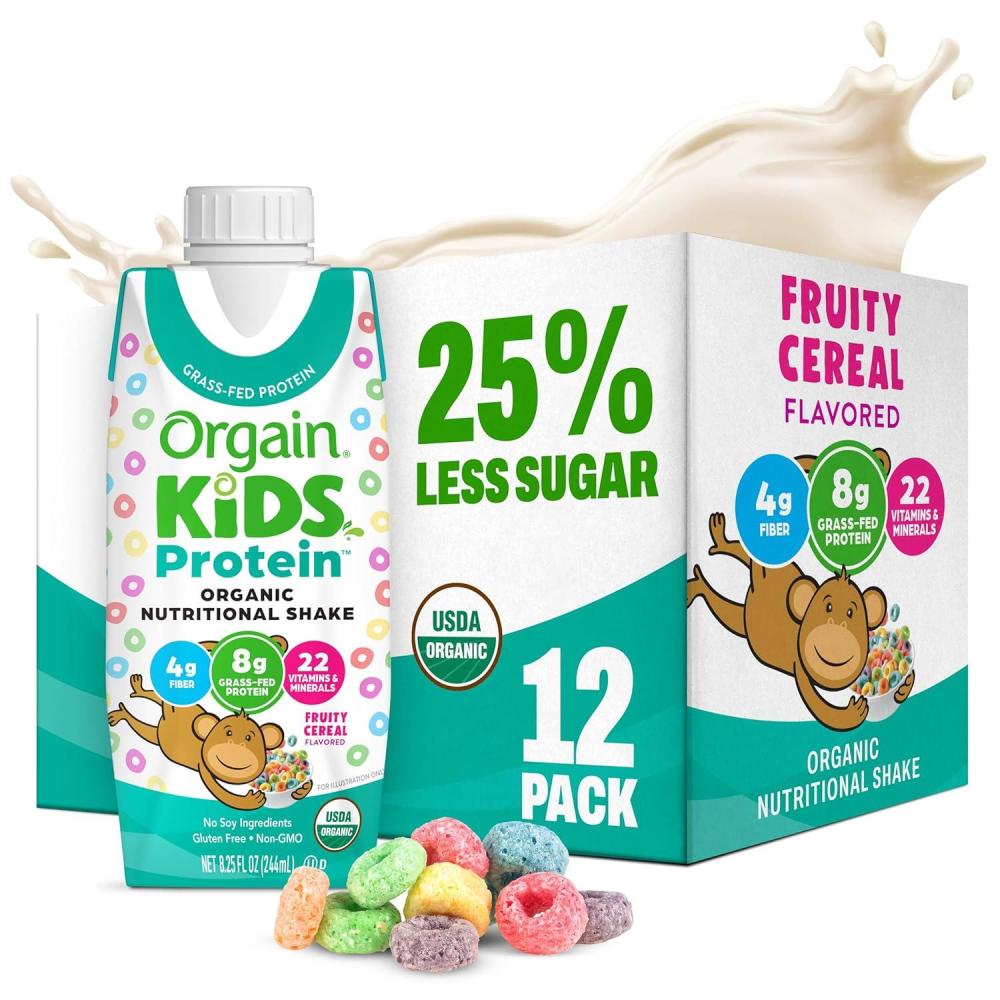 image:imageOrgain Organic Kids Nutritional Protein Shake Fruity Cereal Kids Snacks with 8g Dairy Protein 22 Vitamins amp Minerals Fruits amp Vegetables Gluten Free Soy Free NonGMO 825 Fl Oz Pack of 12