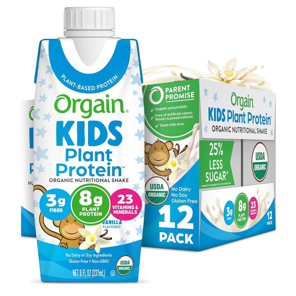 image:imageOrgain Organic Kids Nutritional Vegan Protein Shake Vanilla Healthy Kids Snacks 8g Plant Protein 3g Fiber 23 Vitamins amp Minerals No Dairy amp Soy Ingredients NonGMO 8 Fl Oz Pack of 12Plant Based Vanilla