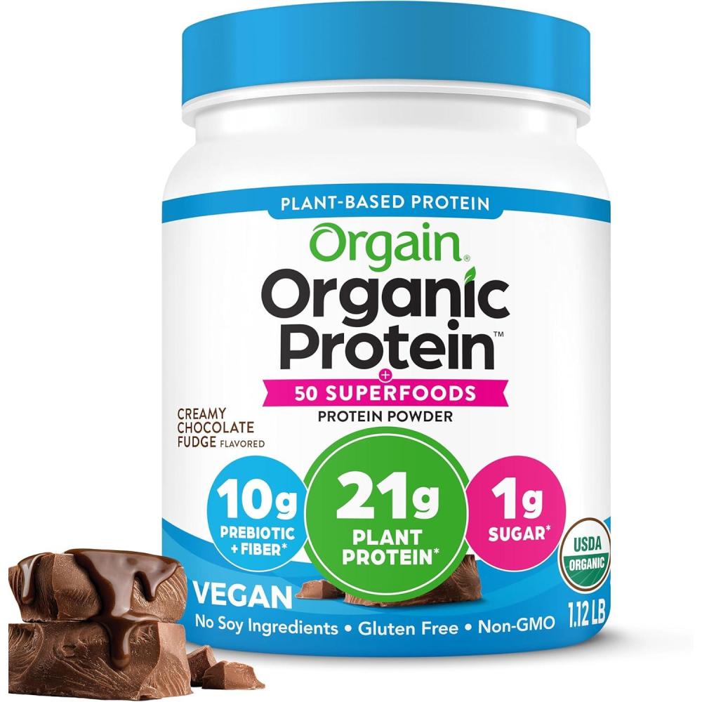 image:imageOrgain Organic Vegan Protein 50 Superfoods Powder Vanilla Bean 21g Plant Based Protein 8g Prebiotic Fiber No Lactose Ingredients Gluten Free No Added Sugar 112 lb Packaging May VaryCreamy Chocolate Fudge