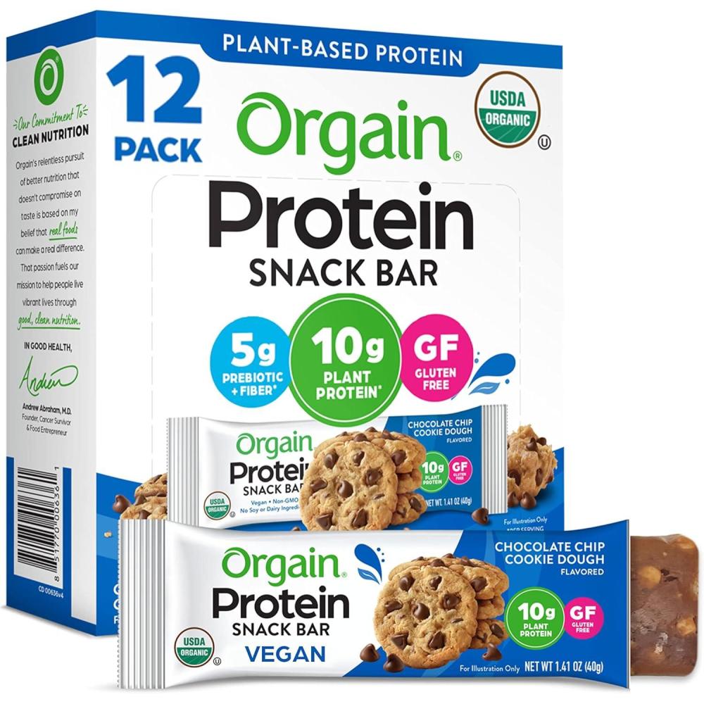 image:imageOrgain Organic Vegan Protein Bars Chocolate Chip Cookie Dough 10g Plant Based Protein Low Calorie Healthy Snacks No Lactose or Soy Ingredients Gluten Free NonGMO 141 Oz Pack of 12Chocolate Chip Cookie Dough