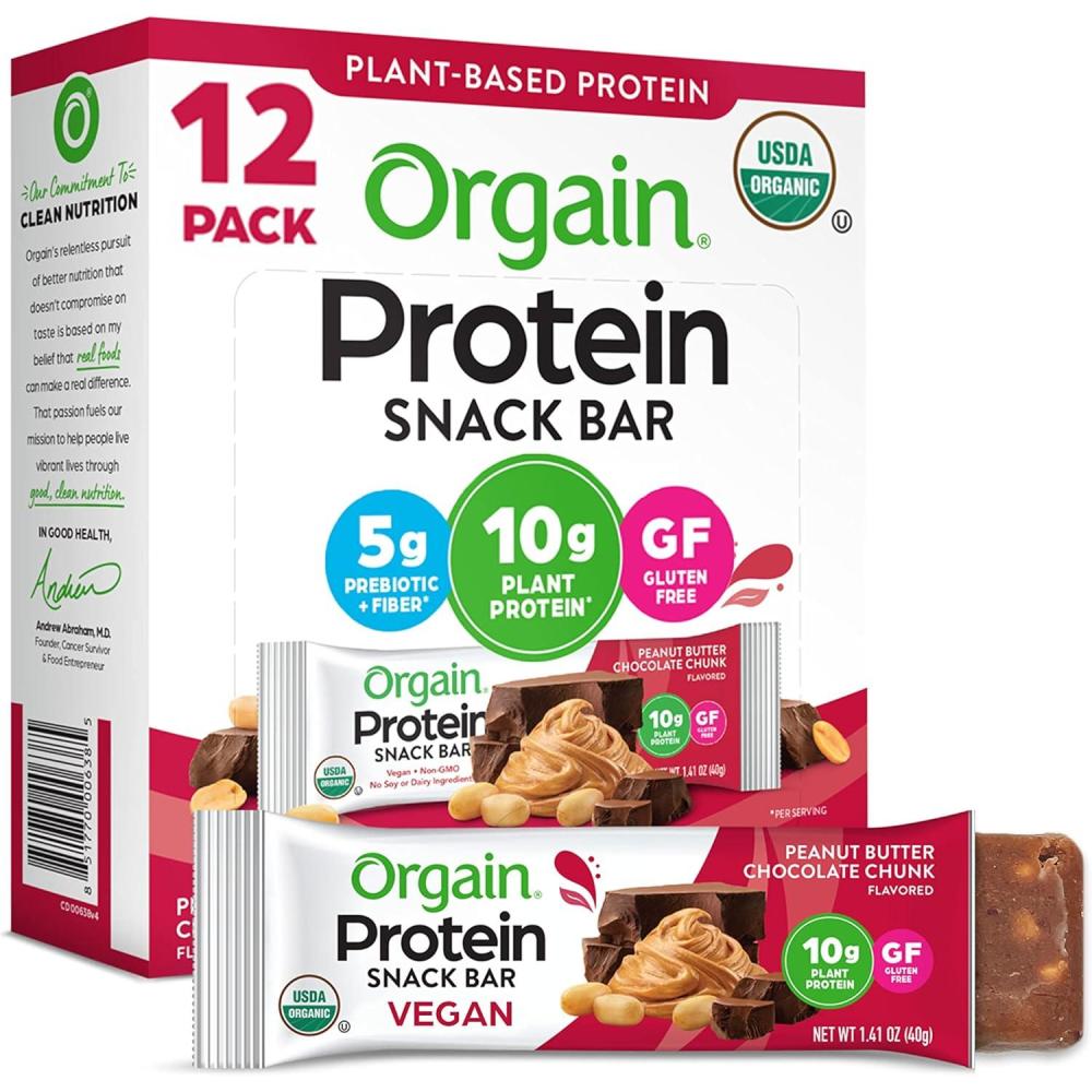 image:imageOrgain Organic Vegan Protein Bars Chocolate Chip Cookie Dough 10g Plant Based Protein Low Calorie Healthy Snacks No Lactose or Soy Ingredients Gluten Free NonGMO 141 Oz Pack of 12Peanut Butter Chocolate Chunk