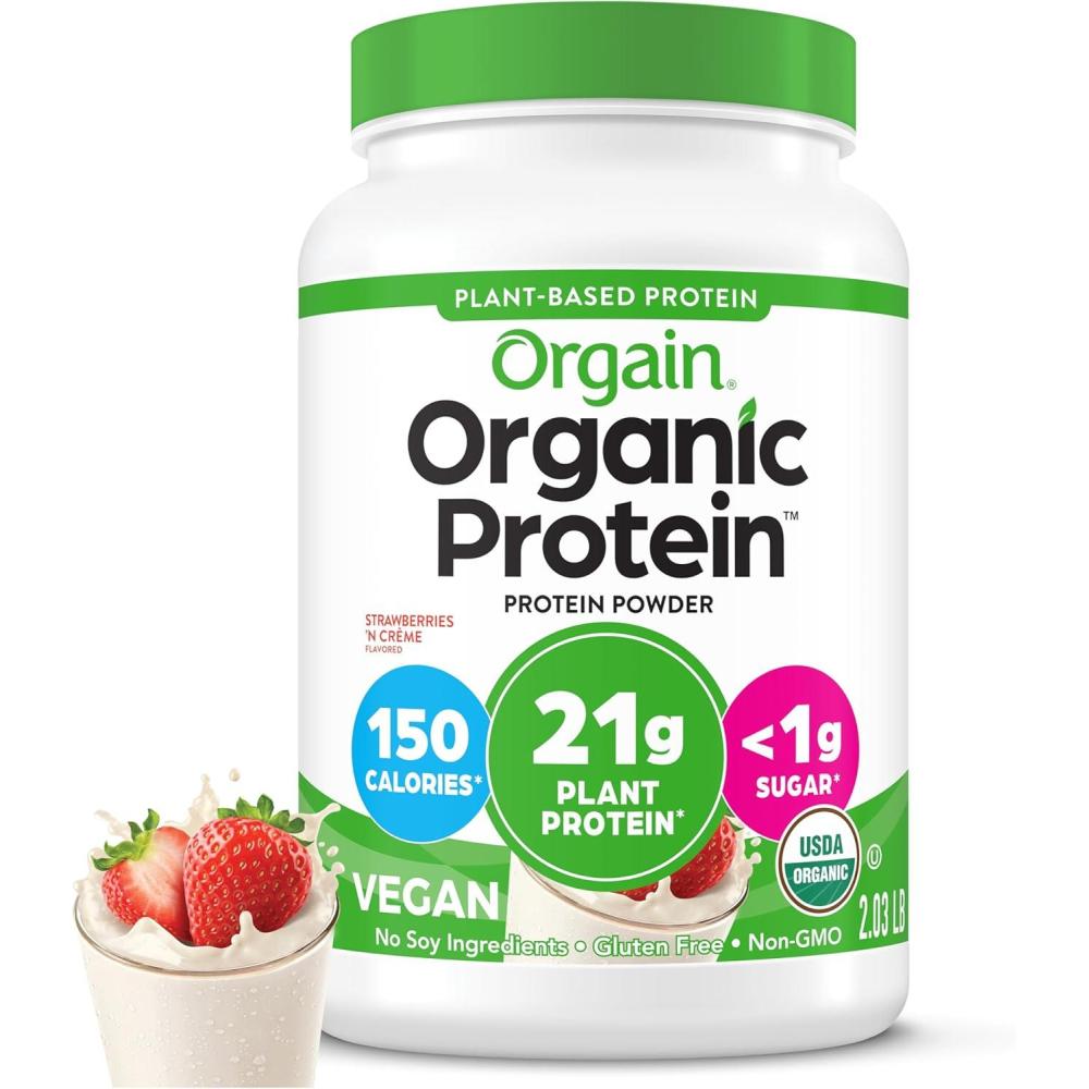 image:imageOrgain Organic Vegan Protein Powder Strawberries amp Cream 21g Plant Based Protein 4g Prebiotic Fiber Low Net Carb No Lactose Ingredients No Added Sugar NonGMO For Shakes amp Smoothies 203 lbStrawberries Cream