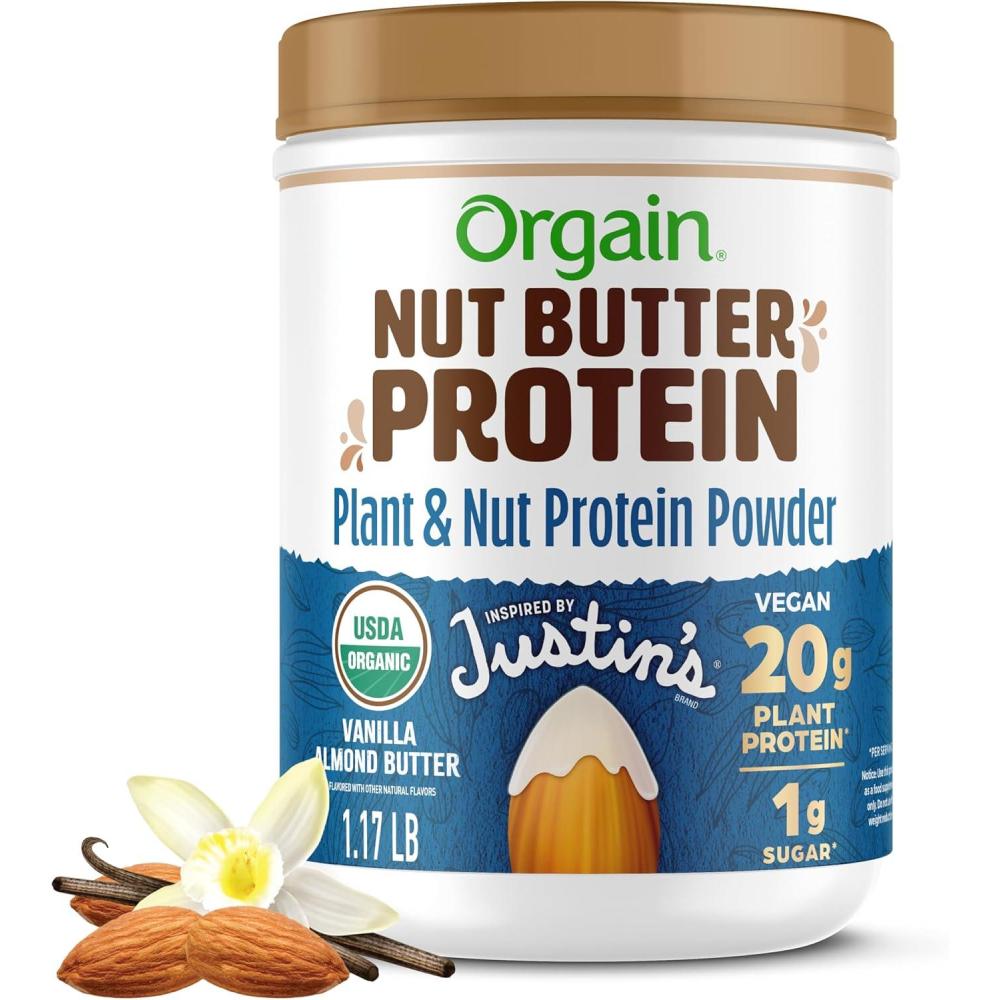 image:imageOrgain X Justins Organic Vegan Nut Butter Protein Powder Peanut Butter 20g Plant Protein 2g Sugar Gluten Free No Dairy Soy Ingredients or Artificial Flavors 117 lbVanilla Almond Butter