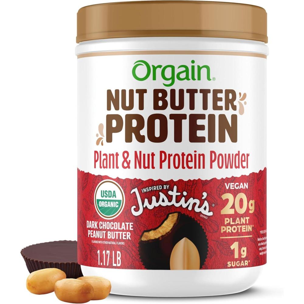image:imageOrgain X Justins Organic Vegan Nut Butter Protein Powder Peanut Butter 20g Plant Protein 2g Sugar Gluten Free No Dairy Soy Ingredients or Artificial Flavors 117 lbDark Chocolate Peanut Butter
