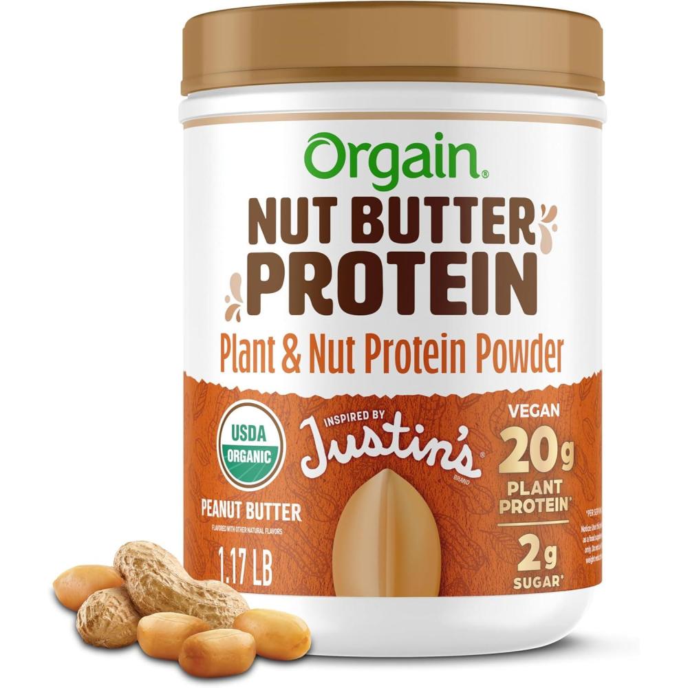 image:imageOrgain X Justins Organic Vegan Nut Butter Protein Powder Peanut Butter 20g Plant Protein 2g Sugar Gluten Free No Dairy Soy Ingredients or Artificial Flavors 117 lbPeanut Butter
