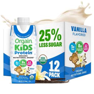 image:imageOrgain Organic Kids Nutritional Protein Shake Chocolate Healthy Kids Snacks 8g Dairy Protein 3g Fiber 22 Vitamins amp Minerals No Soy Ingredients Gluten Free NonGMO 825 Fl Oz Pack of 12Vanilla