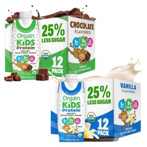 image:imageOrgain Organic Kids Nutritional Protein Shake Chocolate Healthy Kids Snacks 8g Dairy Protein 3g Fiber 22 Vitamins amp Minerals No Soy Ingredients Gluten Free NonGMO 825 Fl Oz Pack of 12Chocolate  Vanilla Bundle
