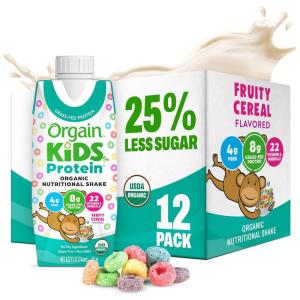 image:imageOrgain Organic Kids Nutritional Protein Shake Fruity Cereal  Kids Snacks with 8g Dairy Protein 22 Vitamins amp Minerals Fruits amp Vegetables Gluten Free Soy Free NonGMO 825 Fl Oz Pack of 12