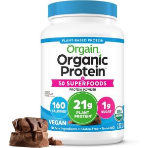 image:imageOrgain Organic Vegan Protein  50 Superfoods Powder Creamy Chocolate Fudge  21g Plant Based Protein 9g Prebiotic Fiber No Lactose Gluten Free No Added Sugar 202 lb Packaging May VaryCreamy Chocolate Fudge