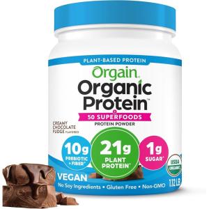 image:imageOrgain Organic Vegan Protein  50 Superfoods Powder Vanilla Bean  21g Plant Based Protein 8g Prebiotic Fiber No Lactose Ingredients Gluten Free No Added Sugar 112 lb Packaging May VaryCreamy Chocolate Fudge